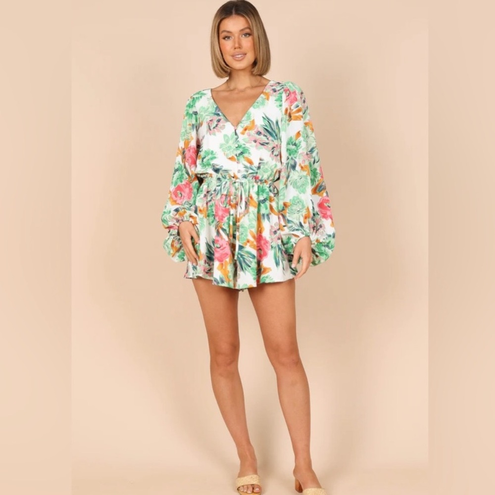 “PETAL & PUP” Floral V-Neck Romper with Long Sleeves
